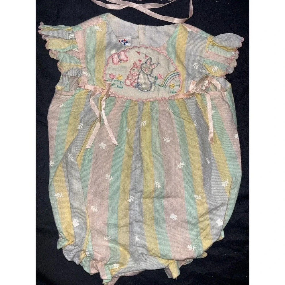 Baby Togs Vintage Bunny Bubble Romper & Bonnet Set Girls 3-6 M Easter vintage